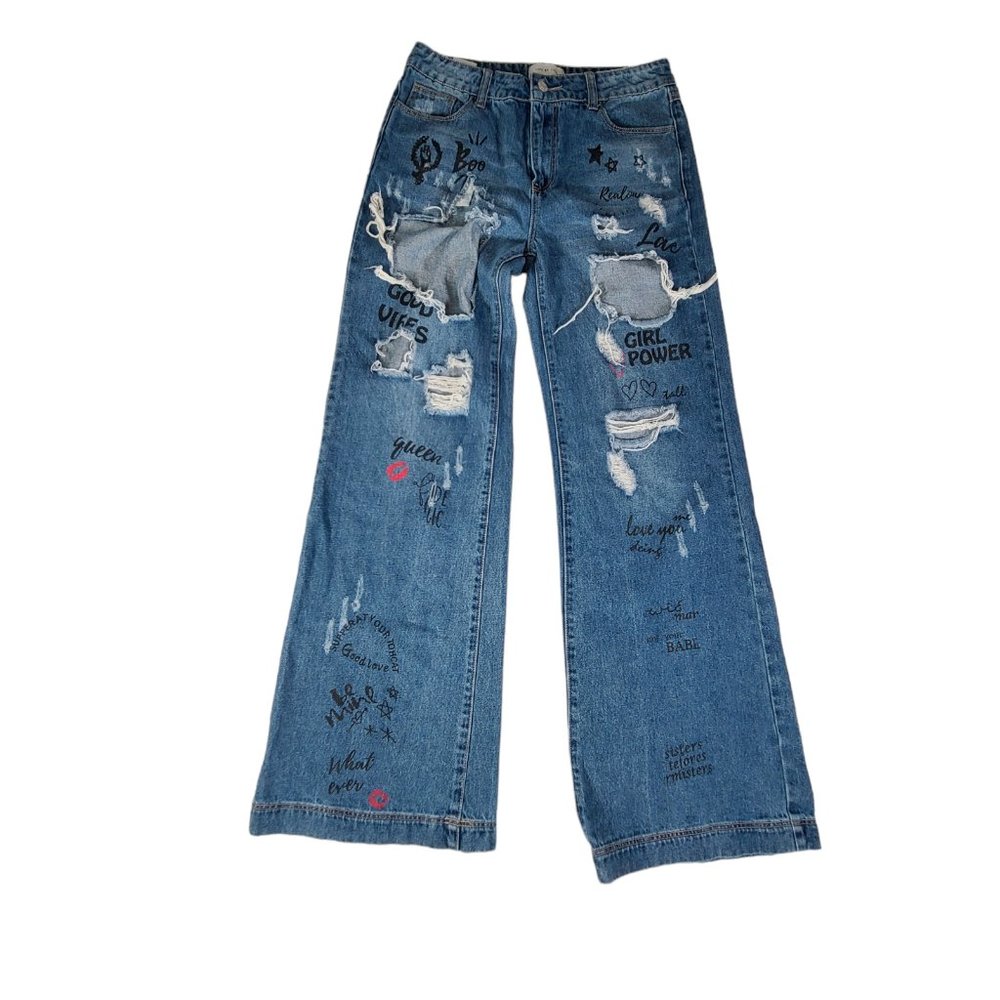 Litz by Uniq Flare Leg Bell Bottom 29x32 Raw Hem Medium Wash Mid Rise Grafitti